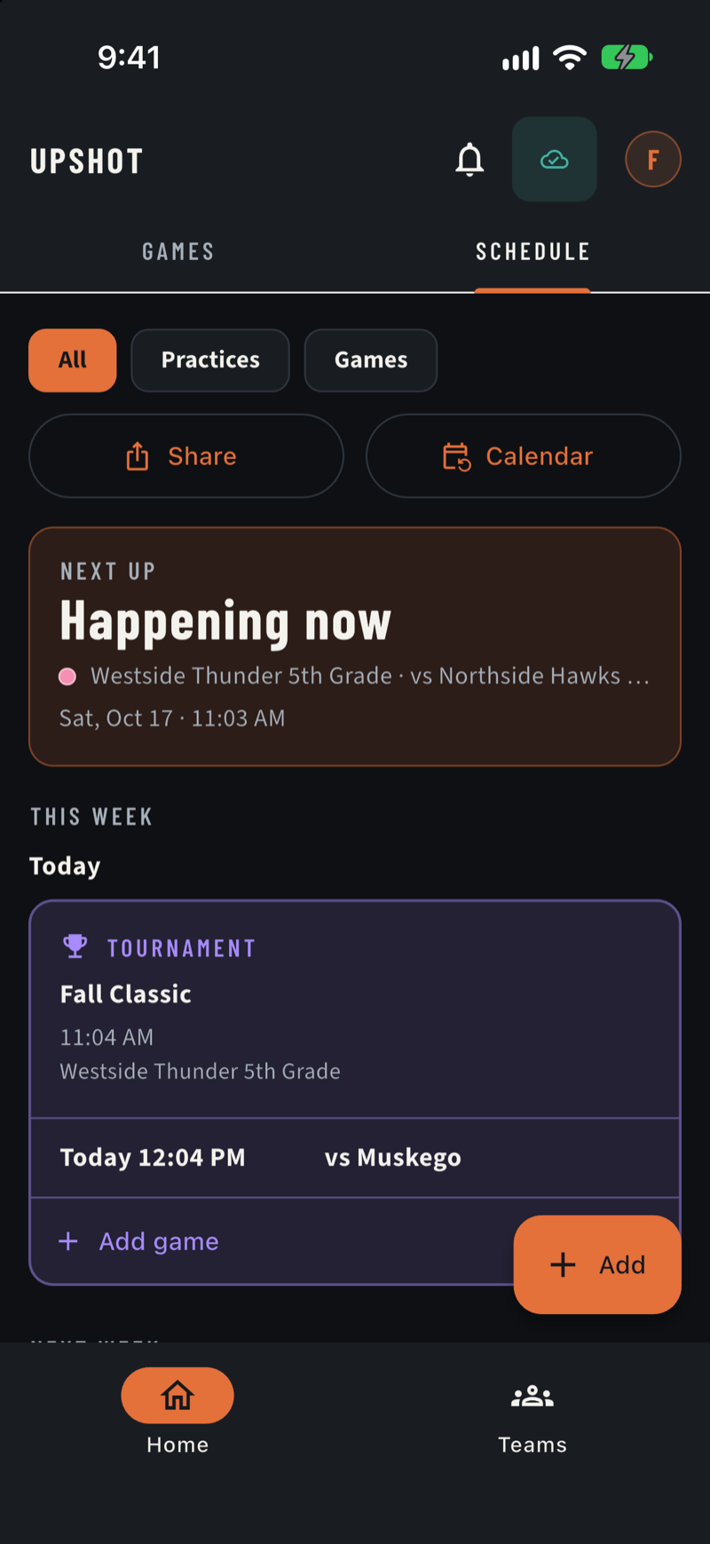 The Upshot schedule: a tournament with its games listed inside, and the next game happening now.